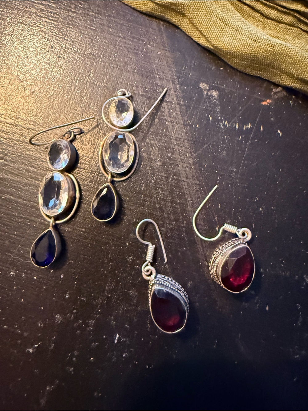 Sterling Red Garnet and Blue & White. Topaz Teardrop Dangle Earrings